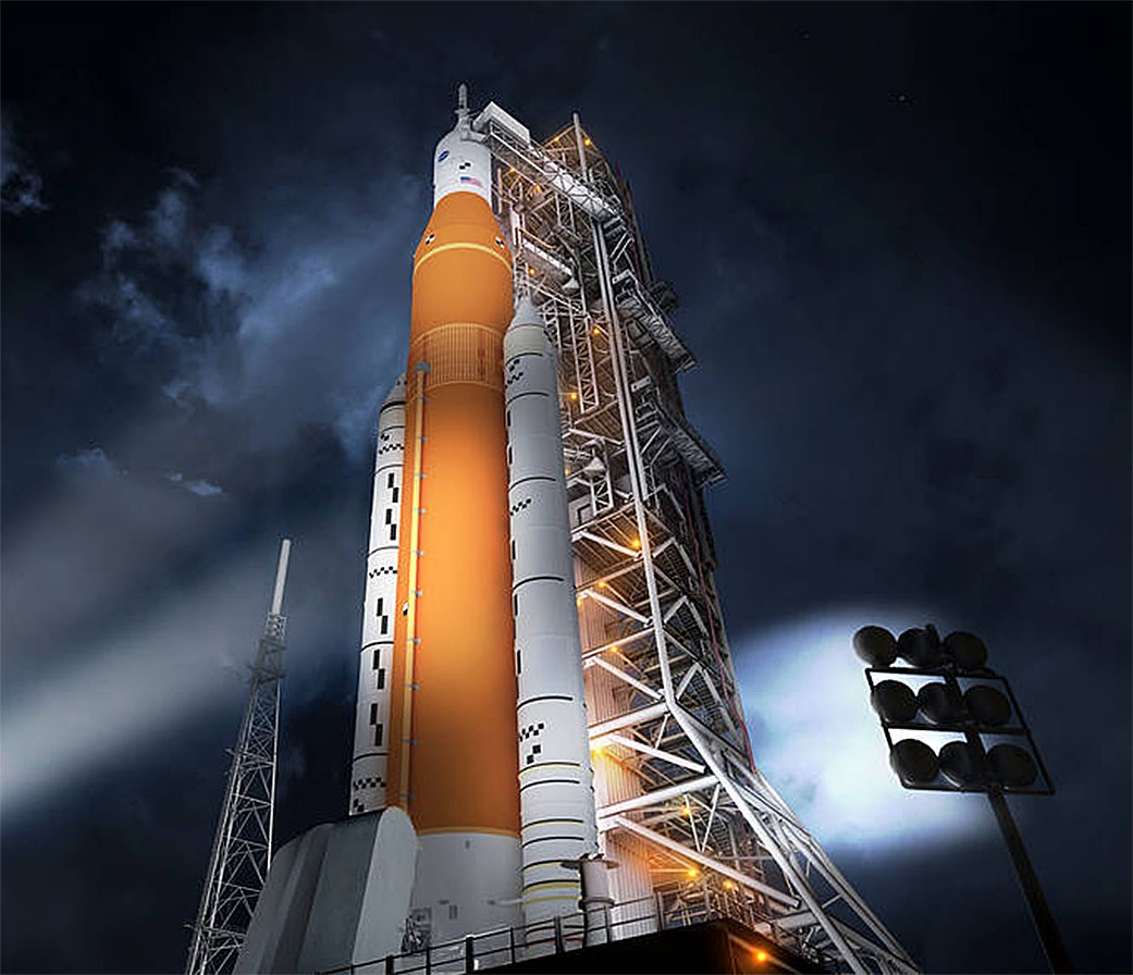 Artists concept of the Space Launch System rocket and Orion capsule prepared for launch